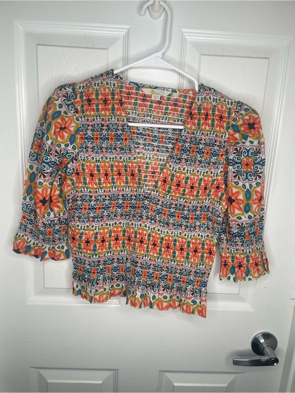 Boden Smocked Bodice Crop Top Multi Tapestry Stripe Ruffle Floral Vacation US 6 - Picture 5 of 15